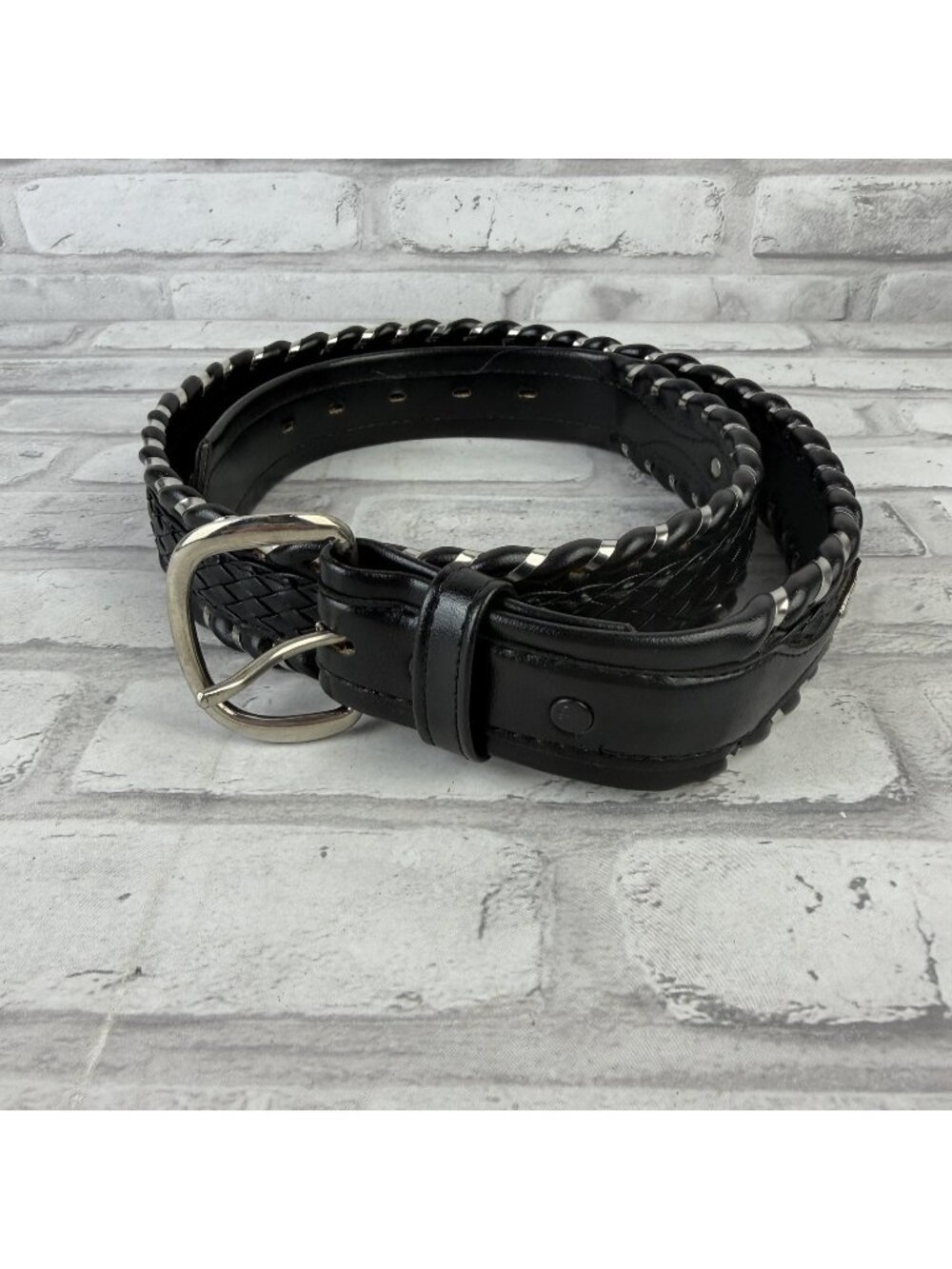 Fisher Black Braided Leather 38 Western Belt Silver Trim Accents #8013